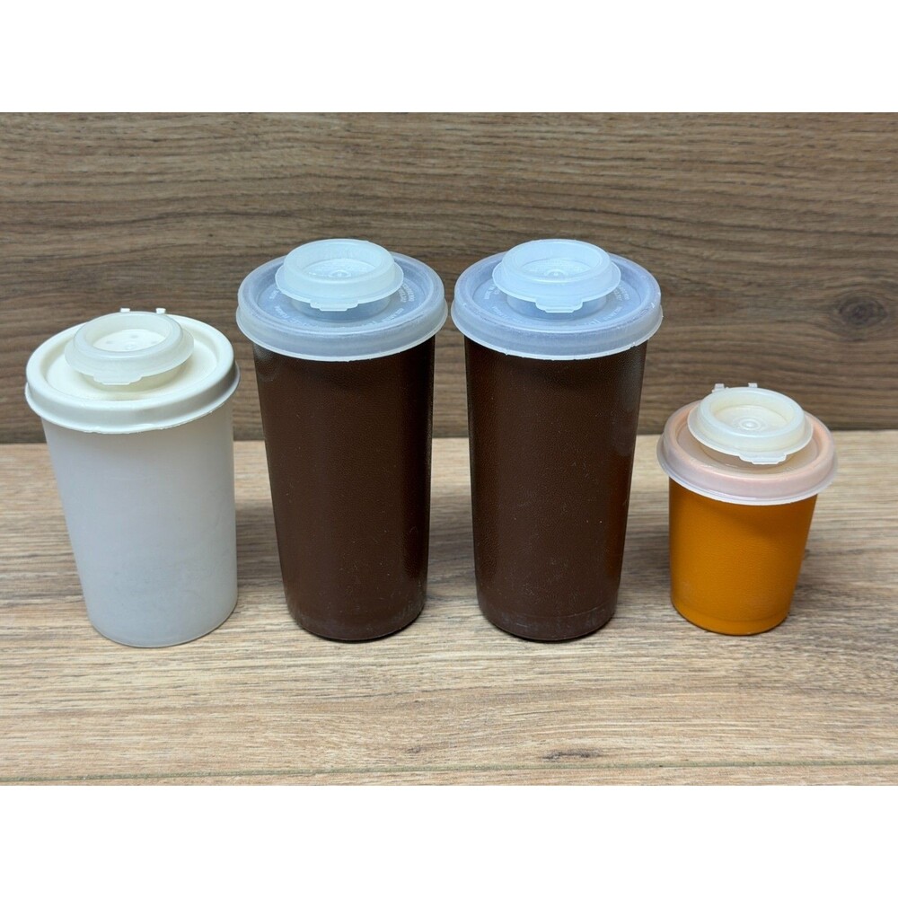 Vintage Tupperware Shakers Lot of 4 Brown 1329, White Millionaire, Orange 1503